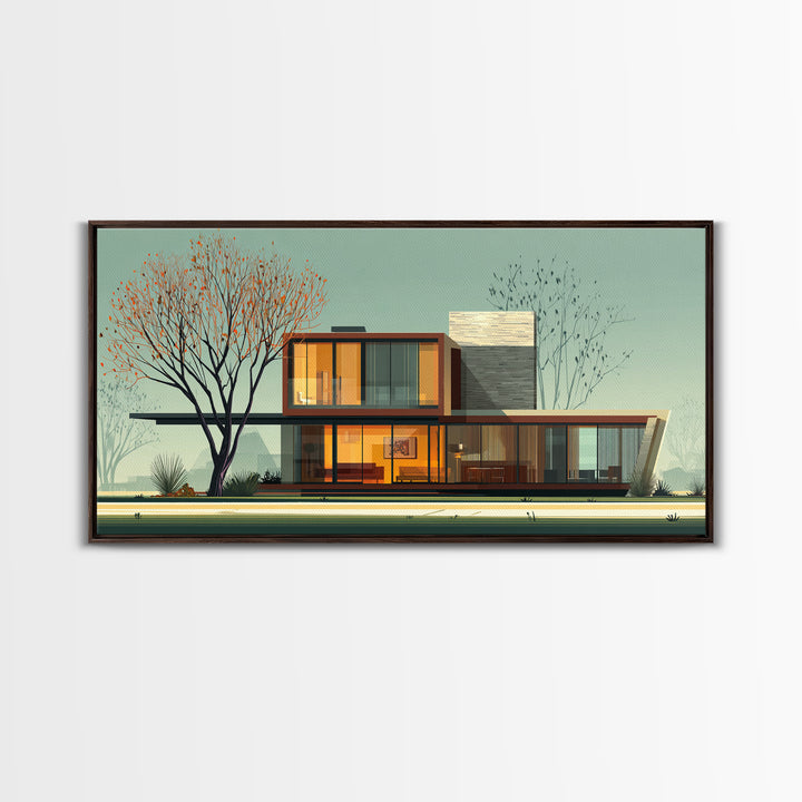 Glass Midcentury House With Autumn Tree Framed Canvas Print, MCM Wall Art, Modern Architecture Poster, Living Room Decor