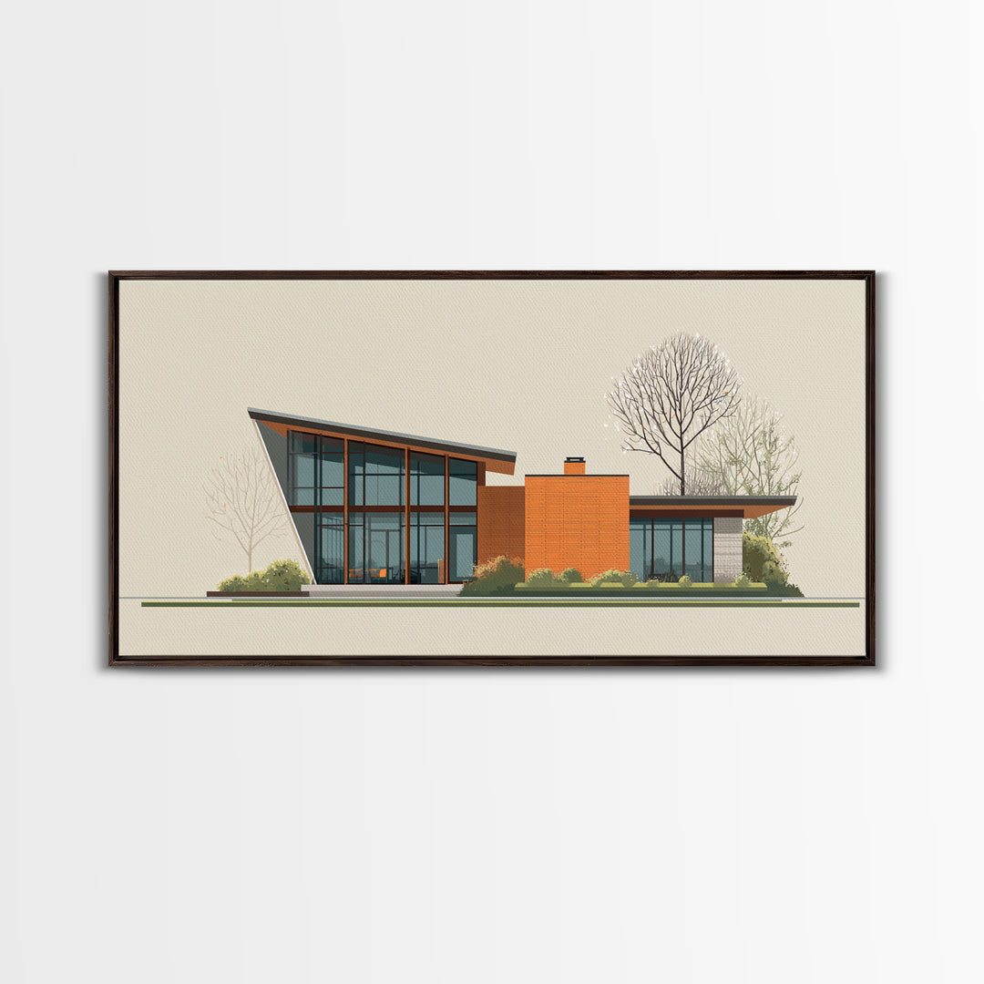 Angular Glass Midcentury Home Canvas Print, Modern Architecture Wall Art, MCM Decor, Retro House Poster For Living Room Decor