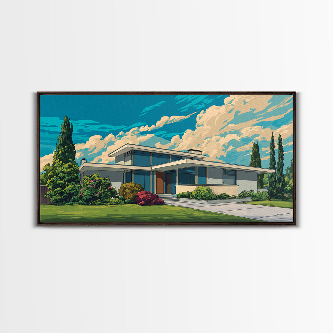 White Midcentury House With Dramatic Clouds Framed Canvas Print, Modern Wall Art, Retro Architecture Poster, Home Office Decor