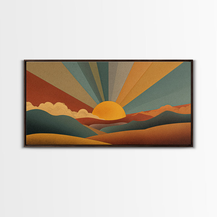Geometric Retro Sunrise Over Rolling Hills Canvas Print, Midcentury Modern Wall Art, Boho Landscape Poster, Earth Tone Decor