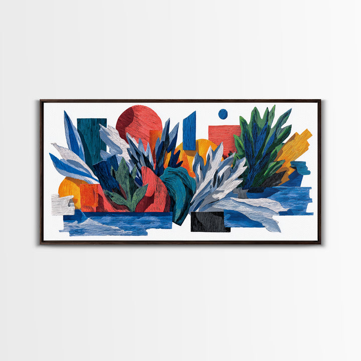 Textured Tropical Leaf Collage Framed Canvas Print, Blue Red Botanical Wall Art, Mid Century Modern Abstract Decor For Living Room