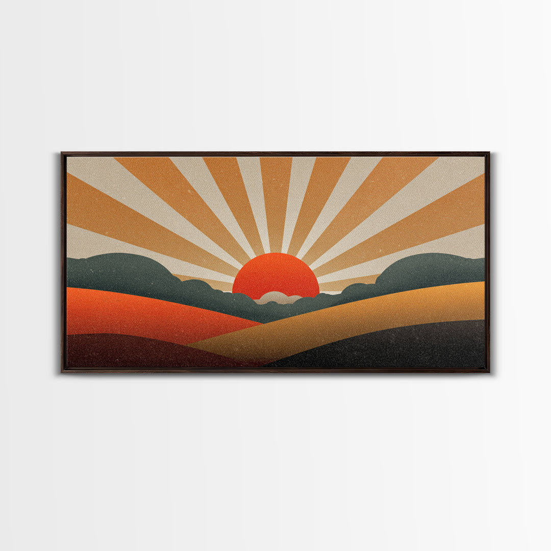 Orange Sunburst Desert Hills Wall Art, Mid Century Modern Canvas, Retro Landscape Poster, MCM Decor, Living Room Print, Home Decor