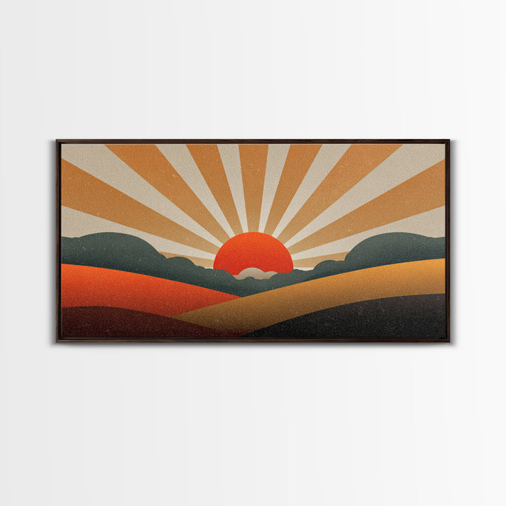 Orange Sunburst Desert Hills Wall Art, Mid Century Modern Canvas, Retro Landscape Poster, MCM Decor, Living Room Print, Home Decor