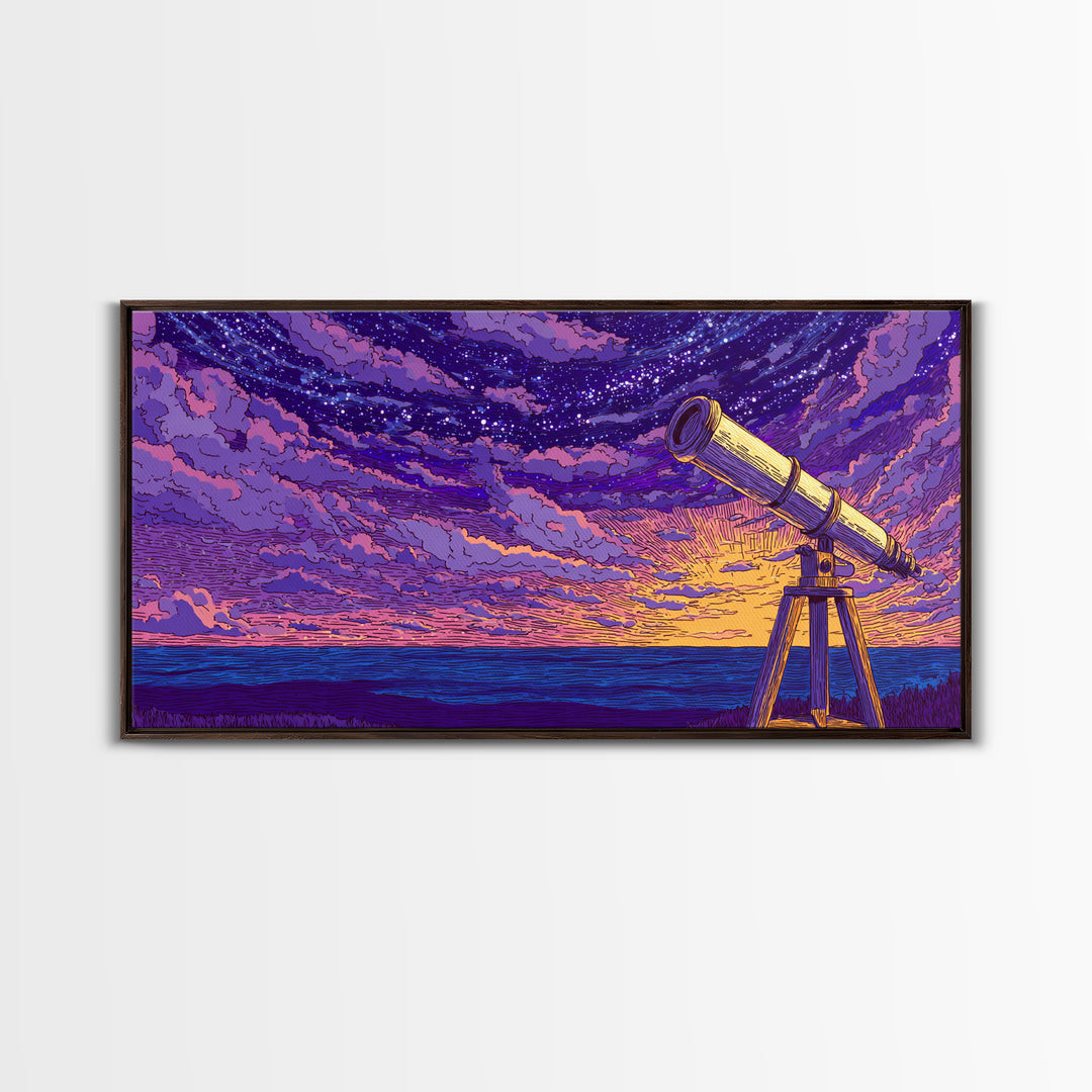 Purple Starry Telescope Ocean Wall Art, Retro Sci Fi Poster, Cosmic Mid Century Modern Decor, Space Astronomy Canvas Print