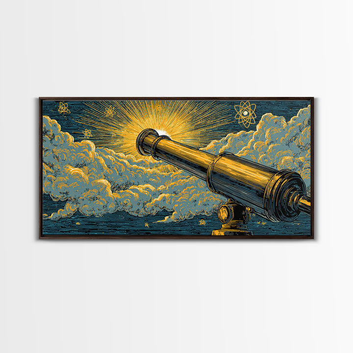 Golden Telescope Atomic Clouds Wall Art, Mid Century Modern Space Decor, Retro Astronomy Poster, MCM Canvas Print For Office