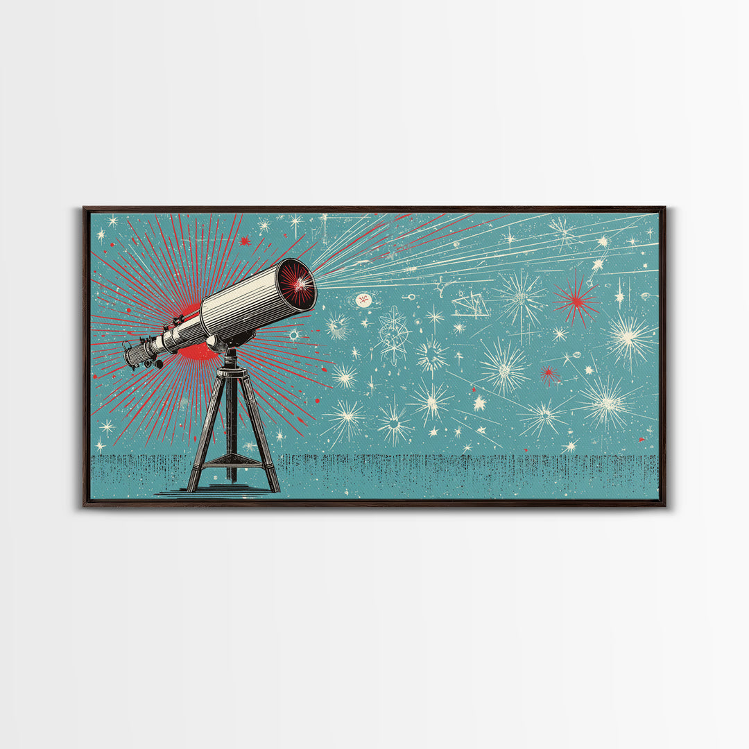 Teal Atomic Telescope Starburst Wall Art, Mid Century Modern Space Poster, Retro Sci Fi Canvas Print, Office Decor Gift Idea