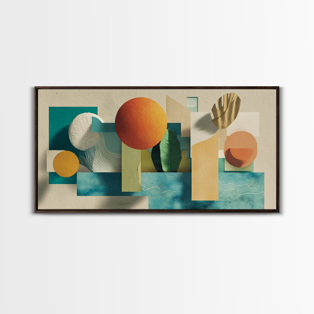 Neutral Teal Orange Geometric Still Life Wall Art, Mid Century Modern Canvas Print, Botanical Shapes, Coastal Home Decor