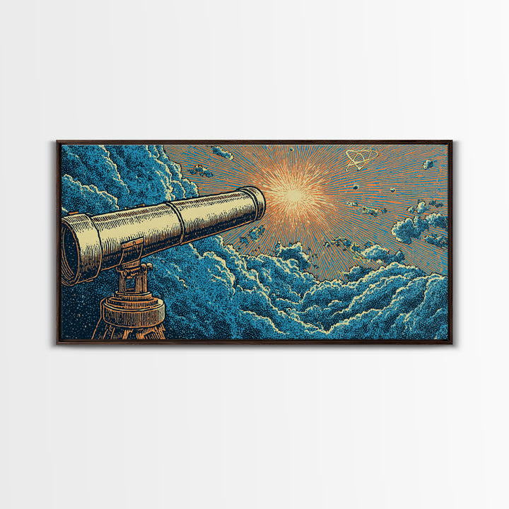 Blue Cloud Telescope Sunburst Framed Canvas Print, Retro Astronomy Wall Art, Mid Century Modern Space Poster, Office Decor