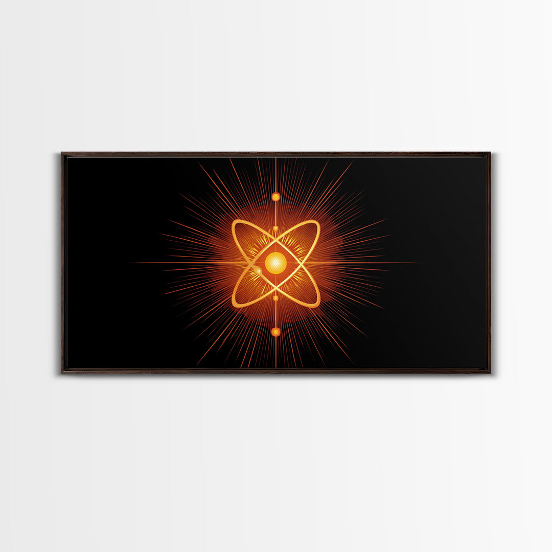 Glowing Orange Atom Wall Art, Black Space Abstract Poster, Mid Century Modern Science Decor, Atomic MCM Canvas Print Gift