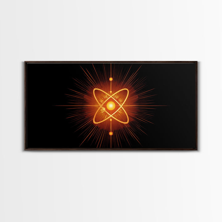 Glowing Orange Atom Wall Art, Black Space Abstract Poster, Mid Century Modern Science Decor, Atomic MCM Canvas Print Gift