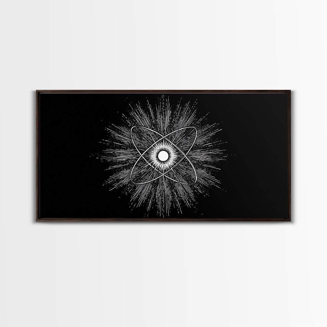 Black And White Atomic Burst Wall Art, Modern Abstract Science Poster, Mid Century Modern Decor, Monochrome Canvas Print