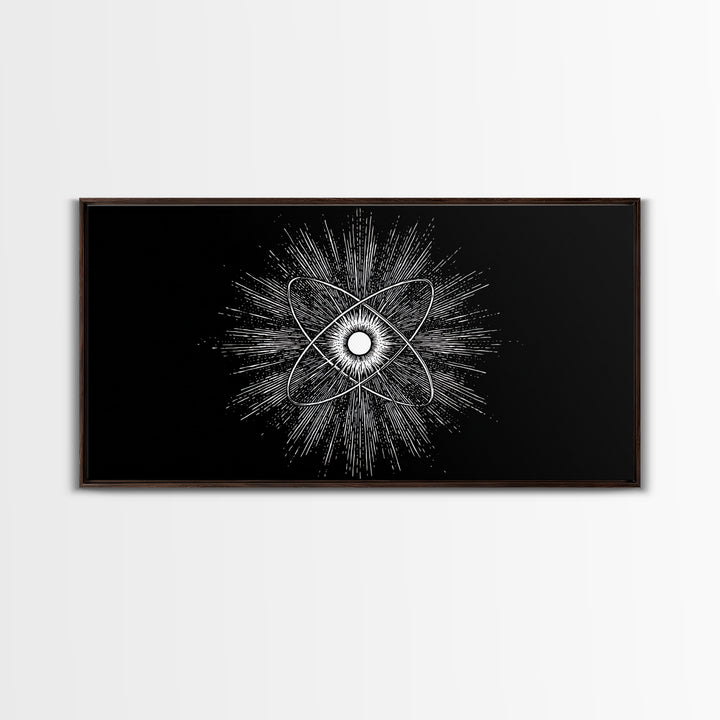Black And White Atomic Burst Wall Art, Modern Abstract Science Poster, Mid Century Modern Decor, Monochrome Canvas Print
