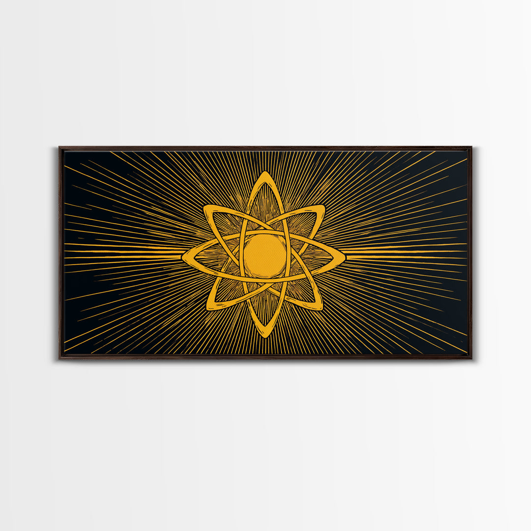 Gold Atomic Rays Canvas Print, Black Mid Century Modern Science Poster, Retro Space Wall Art, Bold Geometric MCM Decor Gift