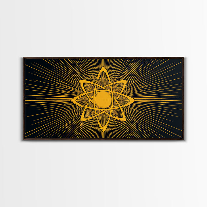 Gold Atomic Rays Canvas Print, Black Mid Century Modern Science Poster, Retro Space Wall Art, Bold Geometric MCM Decor Gift