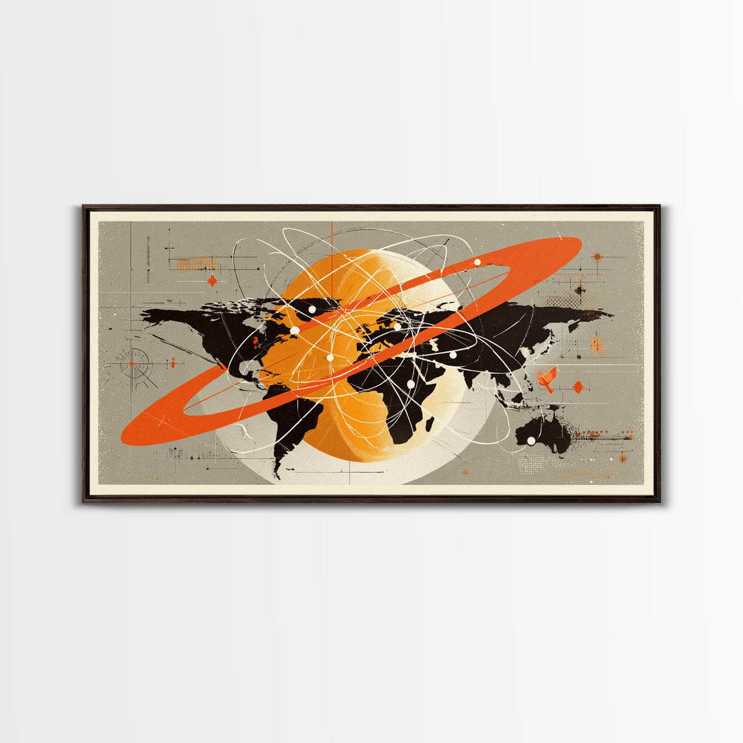 Retro Atomic World Map Wall Art, Mid Century Modern Travel Poster, Orange Black Science Decor, Geometric Canvas Print Gift