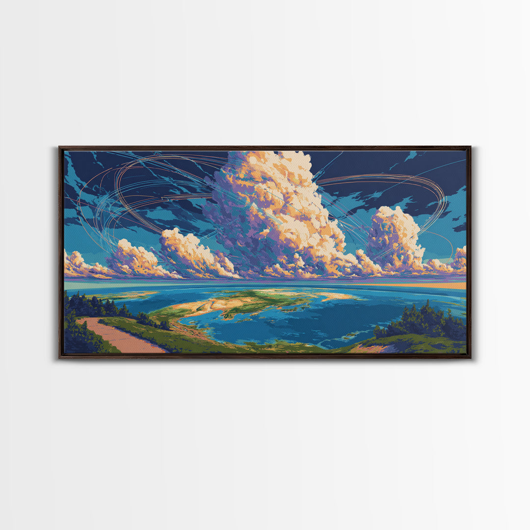Cloudy Coastal Lagoon Wall Art, Modern Landscape Canvas Print, Blue Tropical Travel Poster, Scenic Lake House Decor Gift
