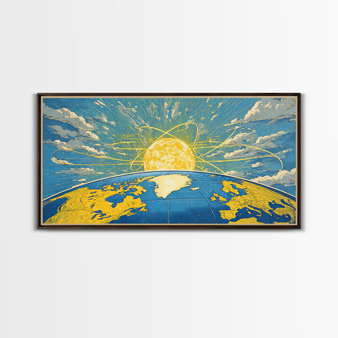 Atomic Earth Sunrise Wall Art, Blue Yellow Retro Science Poster, Mid Century Modern Space Decor, Celestial Canvas Print Gift
