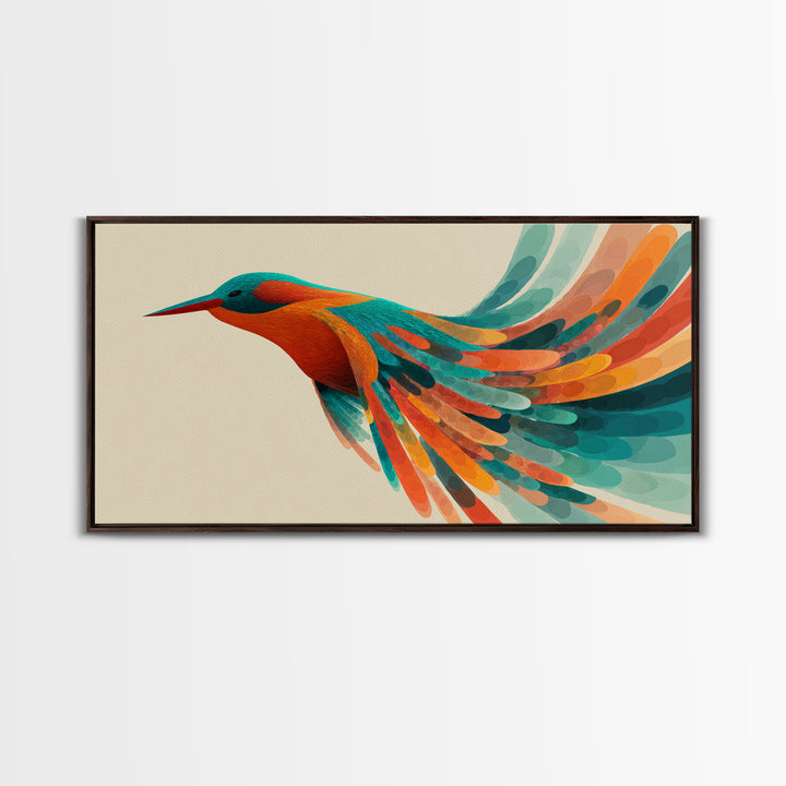 Colorful Hummingbird In Flight Canvas Print, Midcentury Modern Bird Art, Tropical Nature Decor, Vibrant Living Room Wall Art