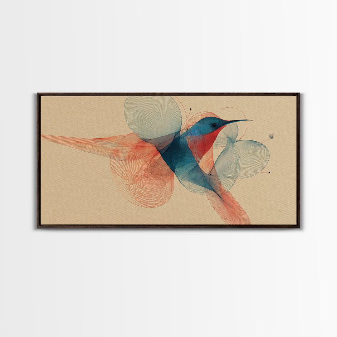 Abstract Hummingbird With Circle Forms Wall Art, Midcentury Modern Bird Print, Geometric Nature Decor, Teal Coral Art Print