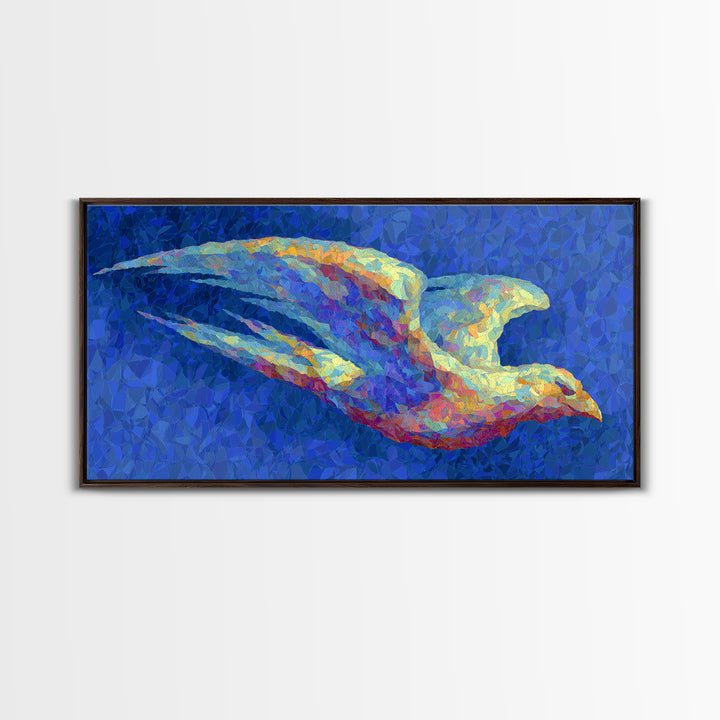 Blue Mosaic Bird In Flight Framed Canvas Print, Modern Abstract Wildlife Art, Colorful Nature Decor, Bold Living Room Wall Art