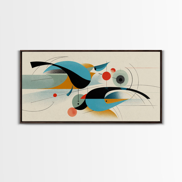 Geometric Abstract Birds Wall Art, Midcentury Modern Shapes Print, Bauhaus Inspired Decor, Teal Orange Living Room Art Print