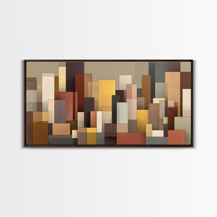 Earth Tone Geometric City Wall Art, Modern Abstract Skyline Print, Midcentury Decor, Neutral Brown Living Room Art Print