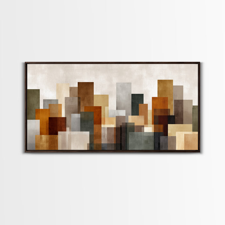 Transparent Abstract Skyline Canvas Print, Modern Geometric City Wall Art, Warm Neutral Decor, Contemporary Living Room Art