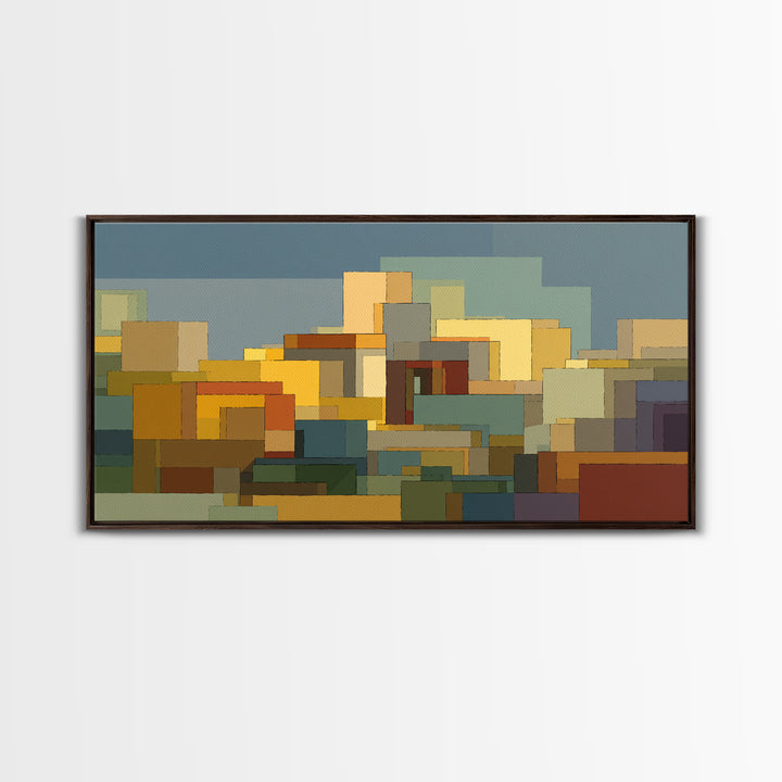 Abstract City Blocks In Muted Teal And Ochre Wall Art, Mid Century Modern Print, Geometric Home Decor, Living Room Artwork