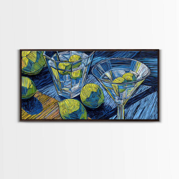 Blue Linocut Martini Glasses With Limes Canvas Print, Retro Cocktail Wall Decor, Bar Cart Art Print, Kitchen Poster Gift
