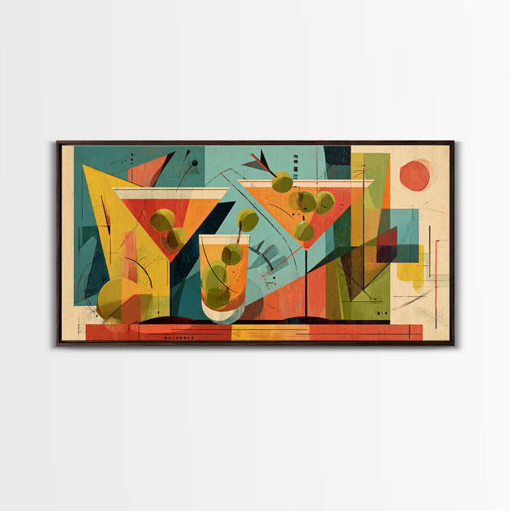 Midcentury Martini Glasses And Olives Wall Art, Atomic Cocktail Poster Print, Retro Bar Decor, Geometric Modern Home Decor
