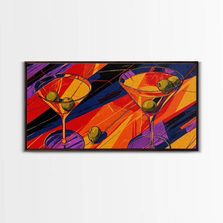 Bold Pop Art Martini Glasses With Olives Canvas Print, Retro Cocktail Poster, Colorful Bar Cart Decor, Modern Kitchen Wall Art