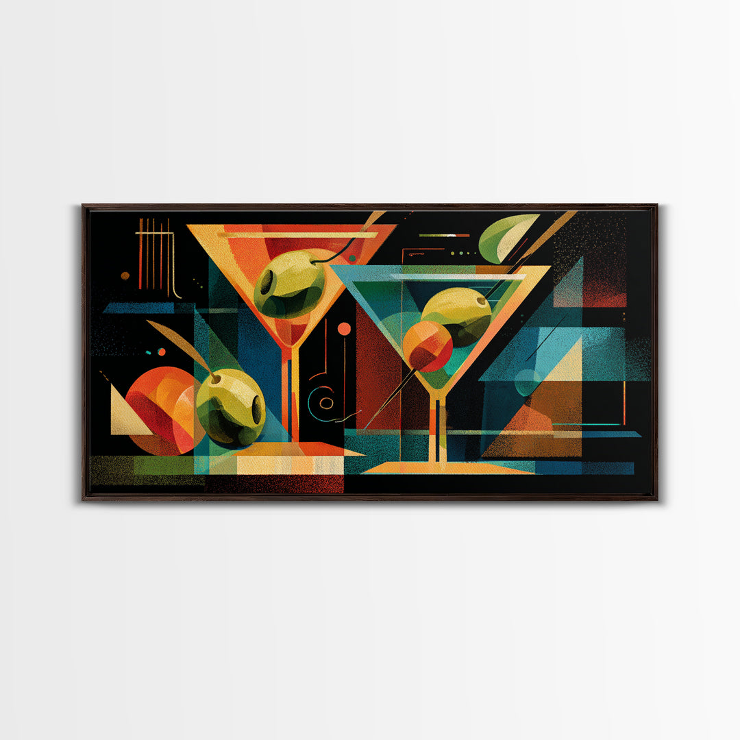 Bauhaus Martini Glasses And Green Olives Framed Canvas Print, Mid Century Modern Bar Wall Decor, Atomic Cocktail Art Print