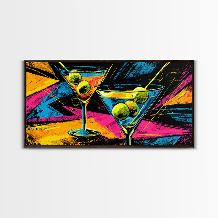 Neon Martini Glasses With Olives Canvas Print, Retro Bar Art, Vibrant Cocktail Poster, Funky Wall Decor For Kitchen Lounge