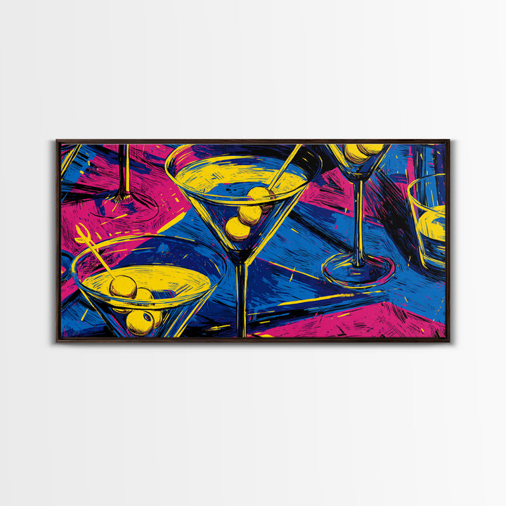 Electric Neon Martini Glasses And Olives Wall Art, Pop Art Cocktail Poster, Retro Bar Cart Decor, Colorful Kitchen Art Print