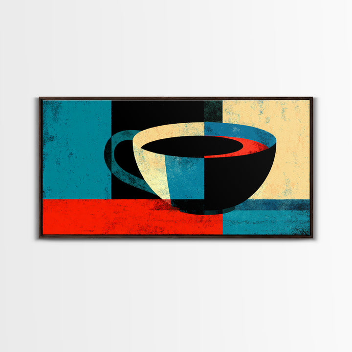 Modern Abstract Coffee Cup In Teal And Red Wall Art, Mid Century Kitchen Decor, Minimalist Coffee Poster, Bold Geometric Print