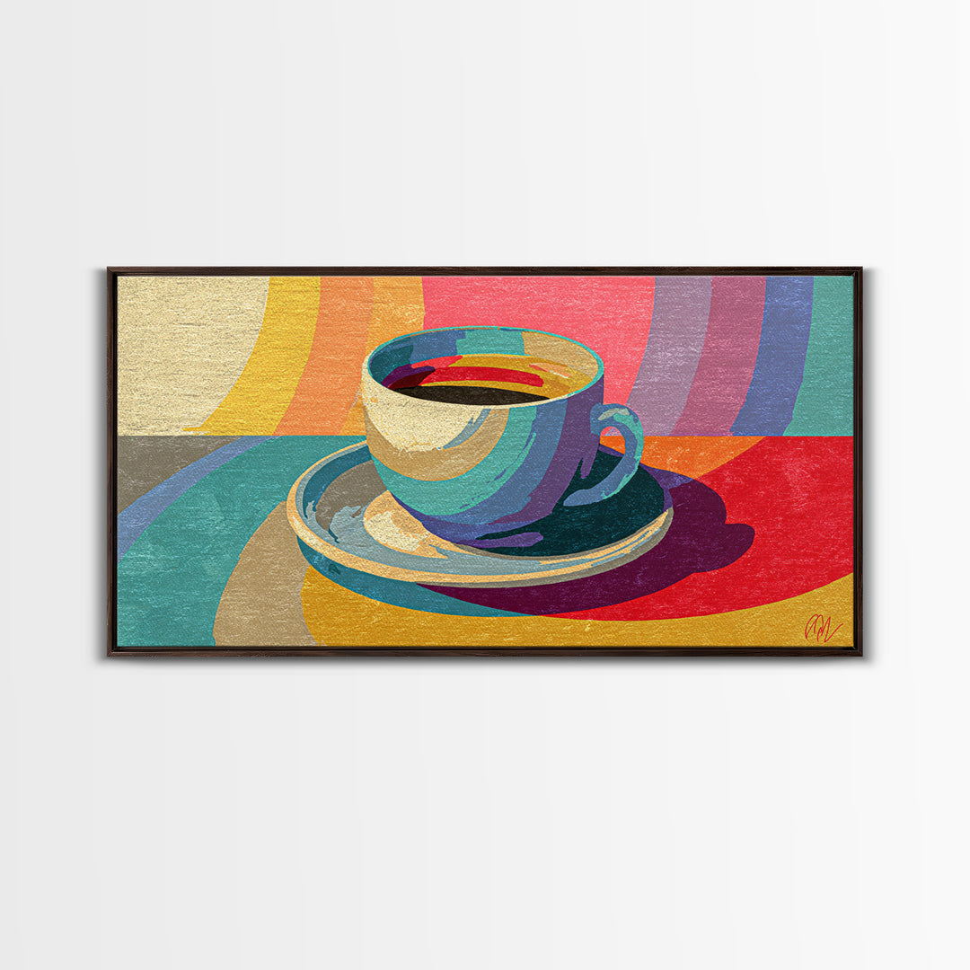 Rainbow Coffee Cup And Saucer Canvas Print, Retro Kitchen Wall Art, Colorful Midcentury Poster, Bright Cafe Home Decor Print