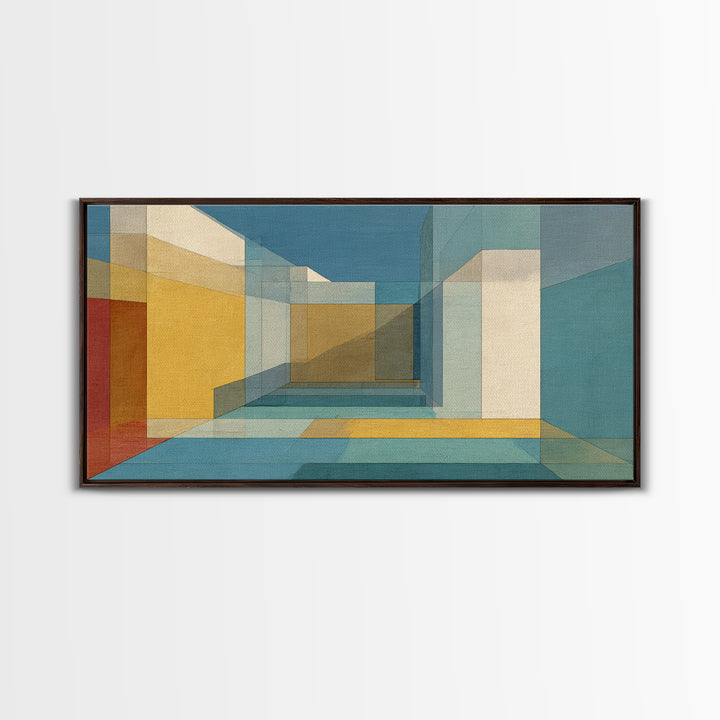 Abstract Desert Passage Wall Art, Geometric Architecture Canvas Print, Midcentury Modern Decor, Teal Gold Perspective Poster