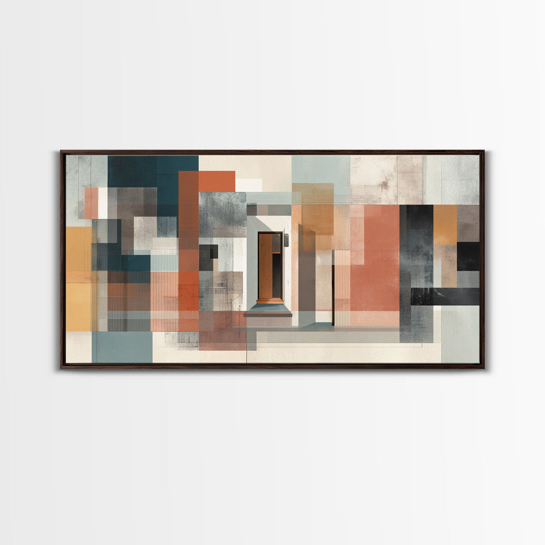 Abstract Doorway Facade Canvas Print, Bauhaus Architecture Wall Art, Midcentury Modern Decor, Rust Teal Office Poster Print