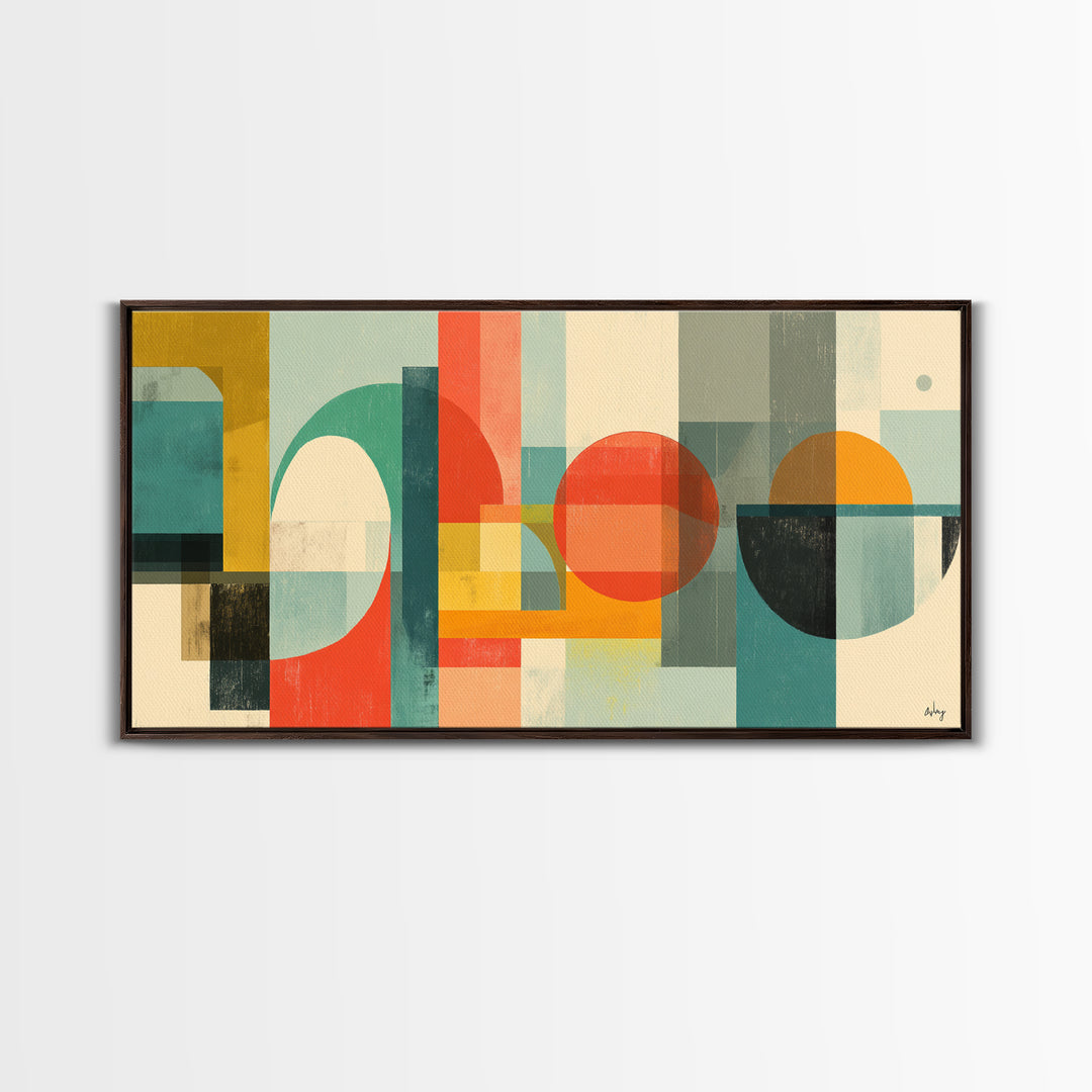 Retro Geometric Shapes Wall Art, Midcentury Modern Canvas Print, Abstract Circles Arches, Teal Orange Mustard Home Decor