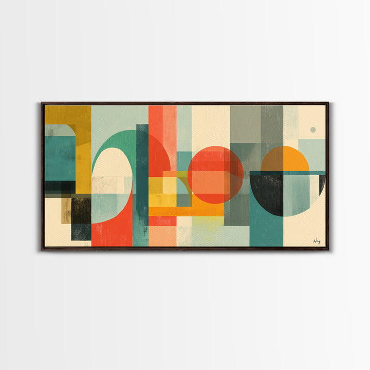 Retro Geometric Shapes Wall Art, Midcentury Modern Canvas Print, Abstract Circles Arches, Teal Orange Mustard Home Decor