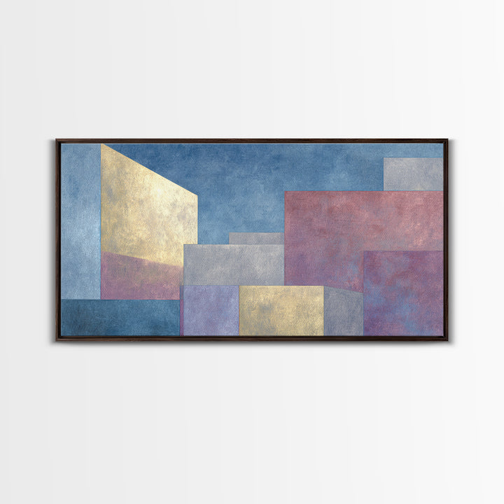 Pastel Architectural Blocks Wall Art, Minimal Geometric Modern Decor, Blue Purple Abstract Framed Canvas Print For Office