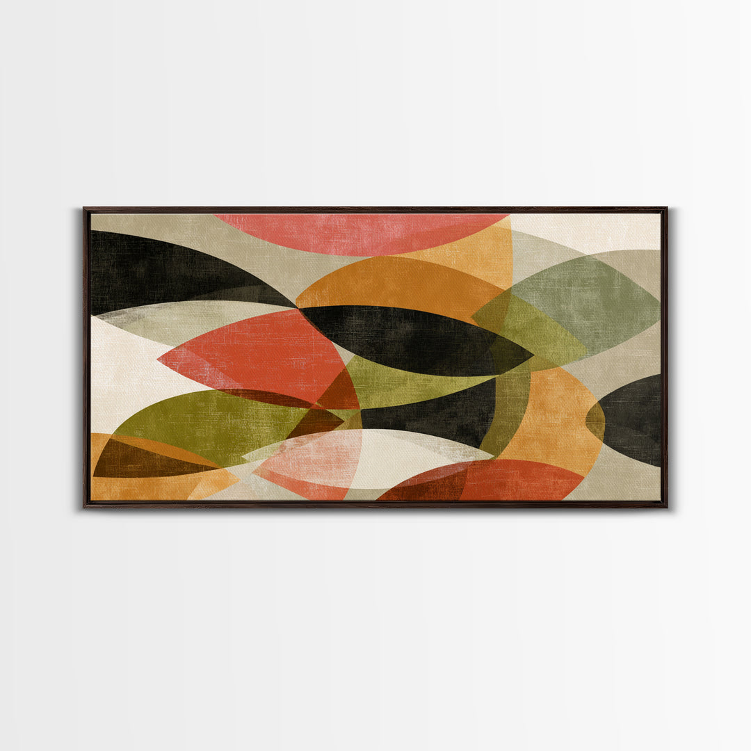 Layered Olive Red And Orange Abstract Leaves Wall Art, Midcentury Modern Art Print, Retro Geometric Decor For Living Room