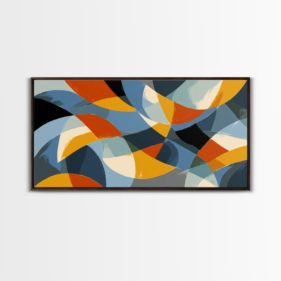 Blue Orange And Golden Crescent Geometry Wall Art, Midcentury Modern Abstract Art Print, Retro MCM Decor For Office And Home