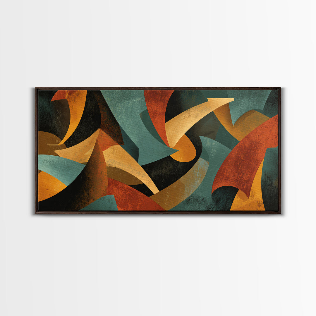 Burnt Orange Teal And Black Sweeping Forms Framed Canvas Print, Midcentury Modern Wall Art, Abstract Retro Decor For Living Room