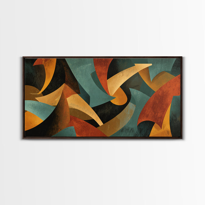 Burnt Orange Teal And Black Sweeping Forms Framed Canvas Print, Midcentury Modern Wall Art, Abstract Retro Decor For Living Room