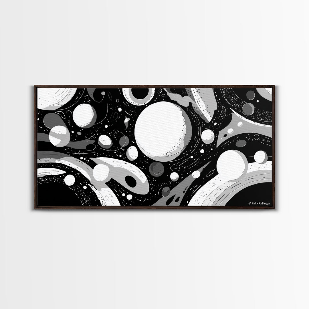 Black White And Gray Cosmic Bubbles Wall Art, Modern Abstract Art Print, Retro Sci Fi Space Decor For Office Or Game Room