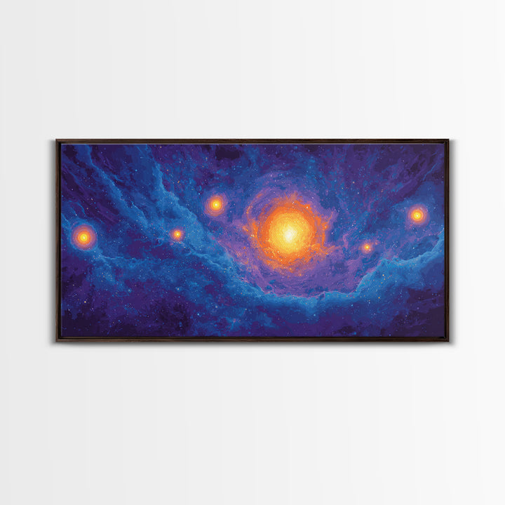 Glowing Blue Galaxy Nebula With Orange Stars Wall Art, Modern Abstract Art Print, Cosmic Retro Poster, Living Room Decor