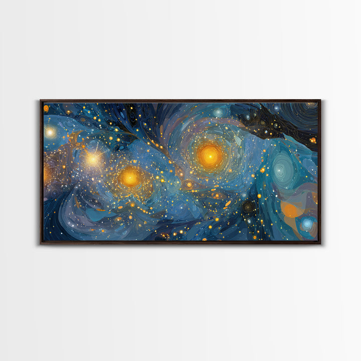 Swirling Starry Blue And Gold Galaxy Framed Canvas Print, Modern Wall Art, Abstract Poster, Celestial Living Room Decor Prints