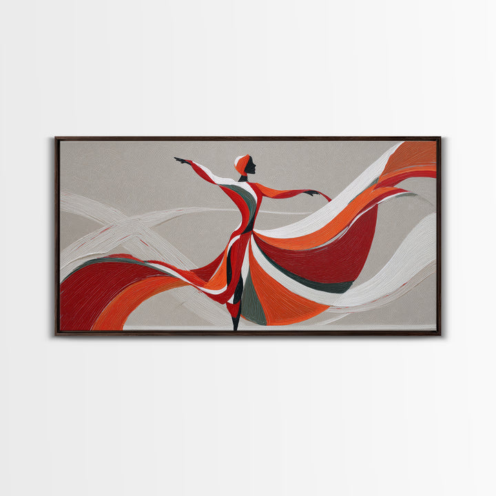 Flowing Red Orange Dancer With Ribbon Framed Canvas Print, Modern Wall Art, Abstract Painting, Statement Living Room Decor