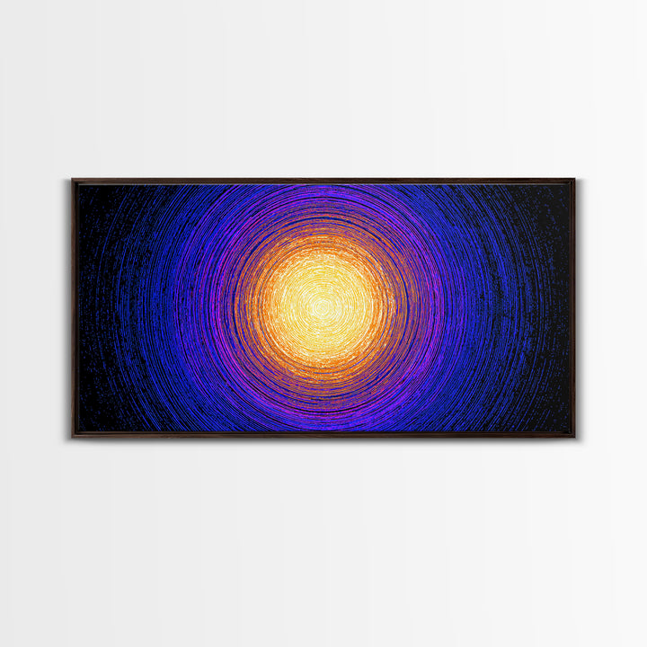 Golden Sun Blue Vortex Canvas Print, Cosmic Abstract Wall Art, Modern Retro Poster, Vibrant Space Decor For Living Room Or Office